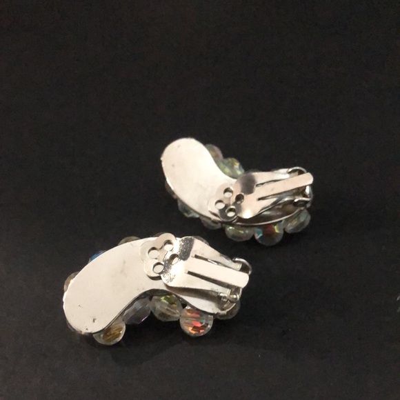 Vintage Crystal Aurora Borealis Clip Earrings Bridal Wedding - Picture 6 of 6